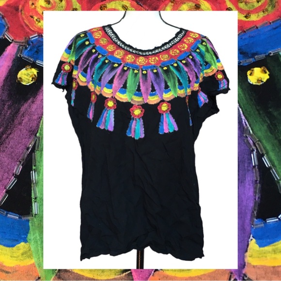 Vintage 90s T Jehnsen Inc Black Hand Painted Mexican Style Top Sequins Rainbow L - Picture 1 of 8